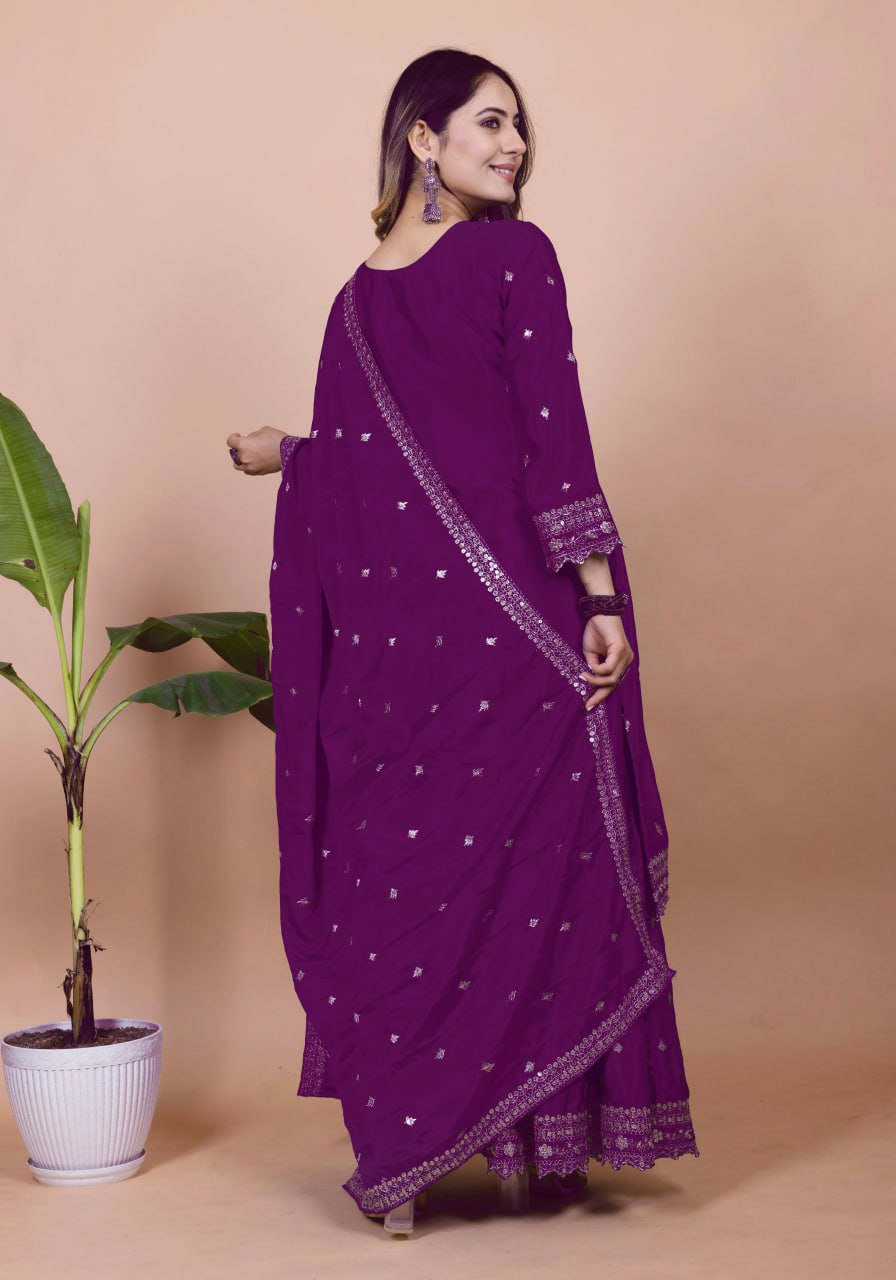 Prazu Fashion Purple Chinon Silk Sequence Embroidered Sharara Suit