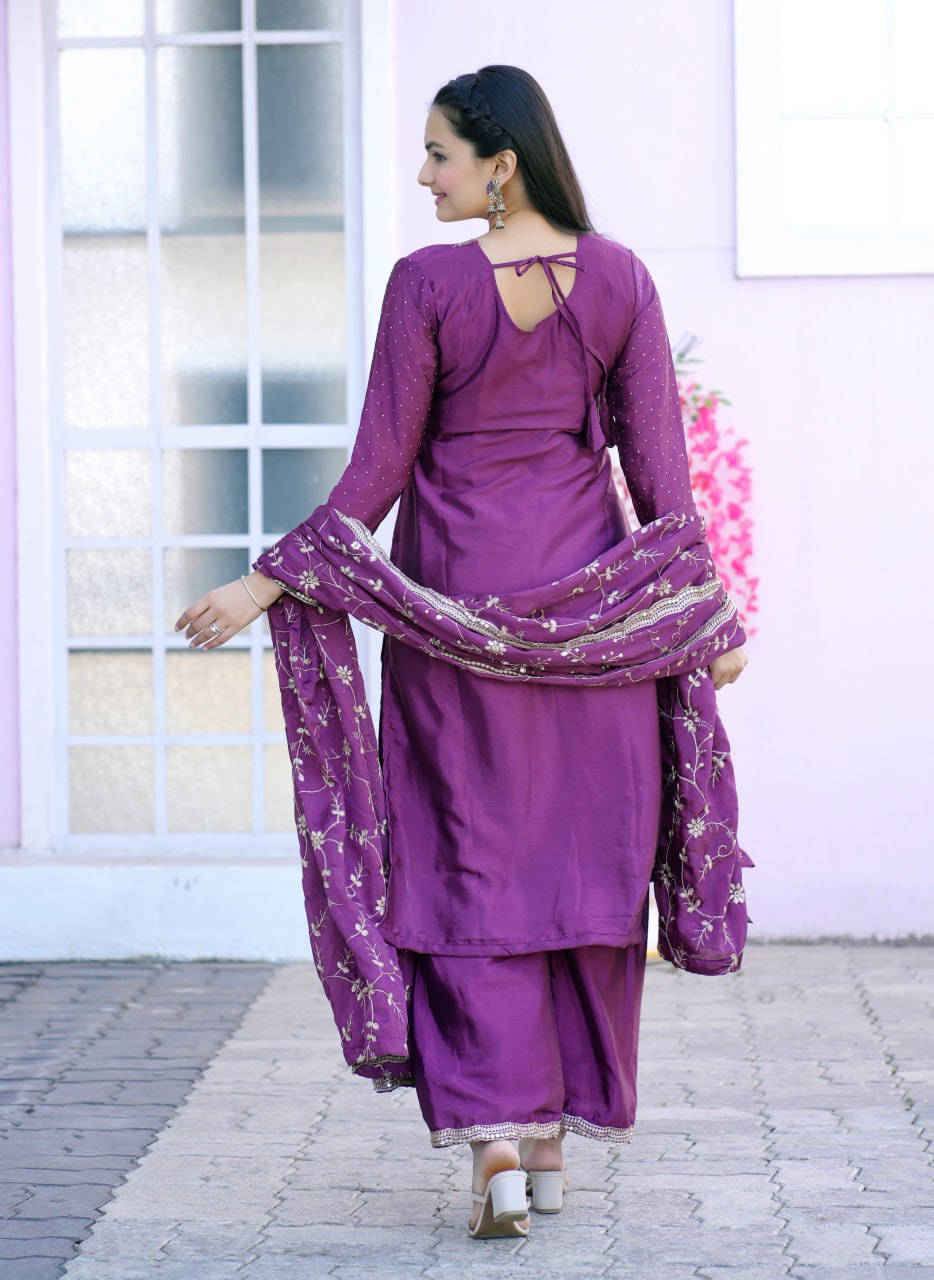 Teeya Creation Wine Color Chinnon Silk Embroidery Work Fully Stitched Salwar Suit - Distacart