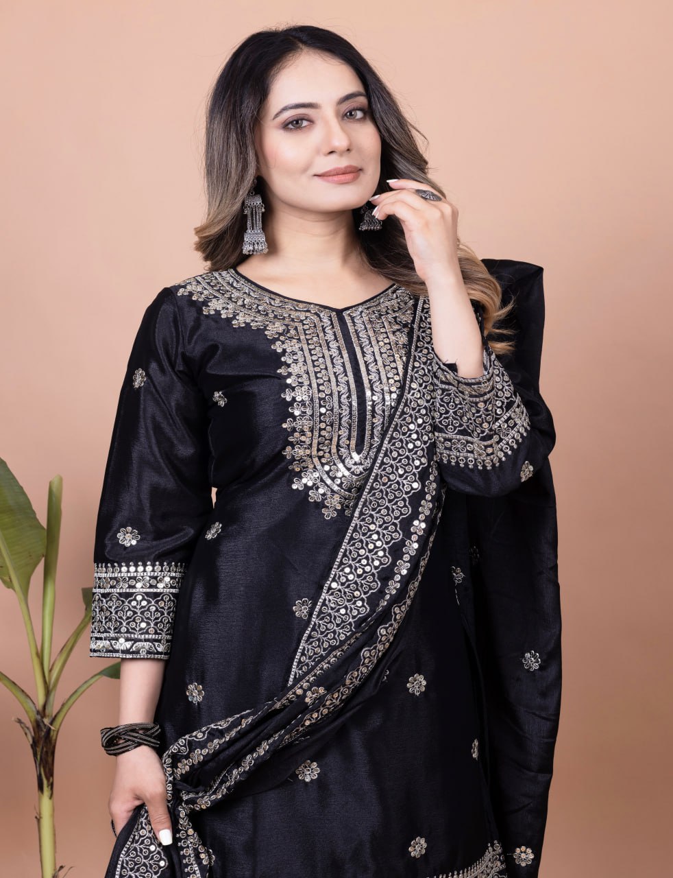 Teeya Creation Black Color Chinnon Silk Embroidery Work Fully Stitched Salwar Suit - Distacart