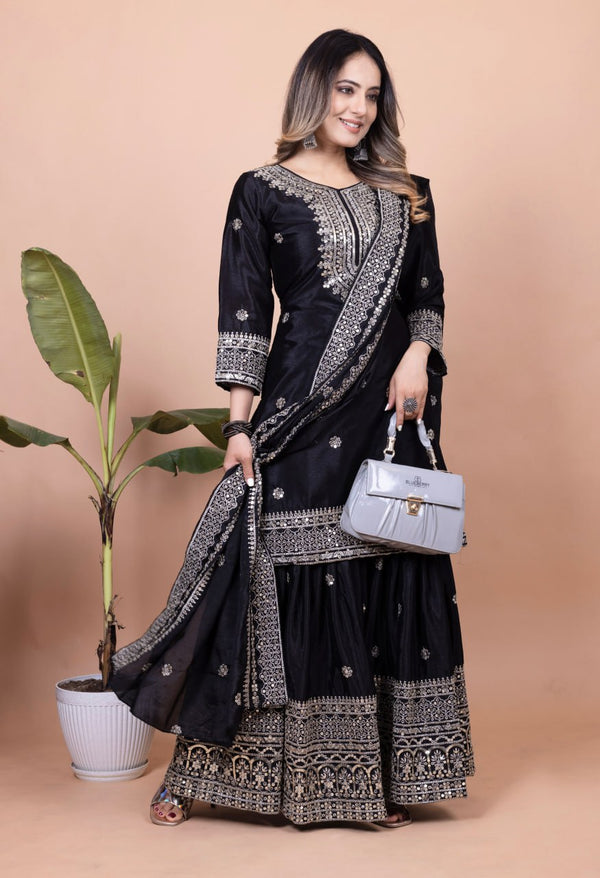 Teeya Creation Black Color Chinnon Silk Embroidery Work Fully Stitched Salwar Suit - Distacart