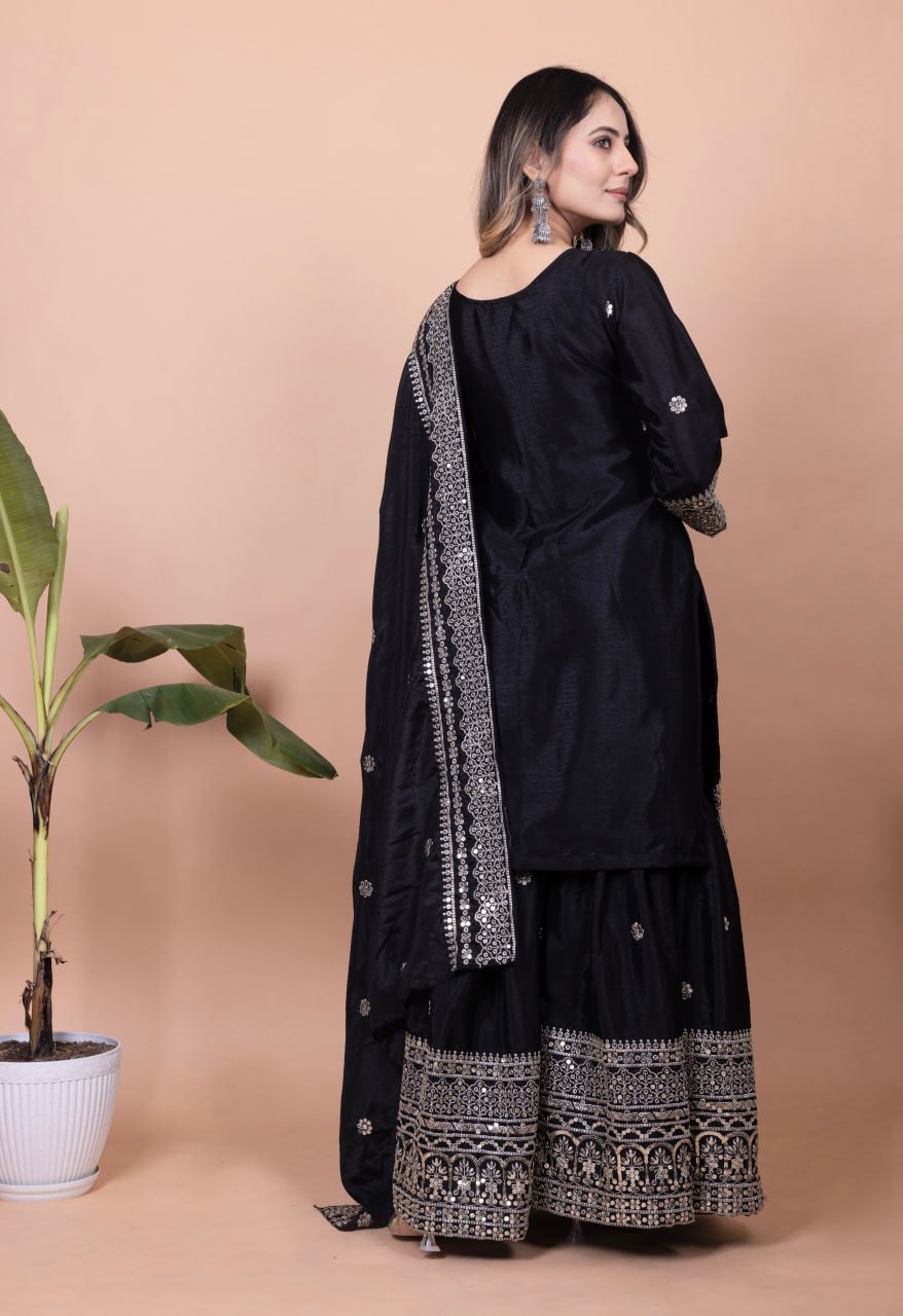 Teeya Creation Black Color Chinnon Silk Embroidery Work Fully Stitched Salwar Suit - Distacart