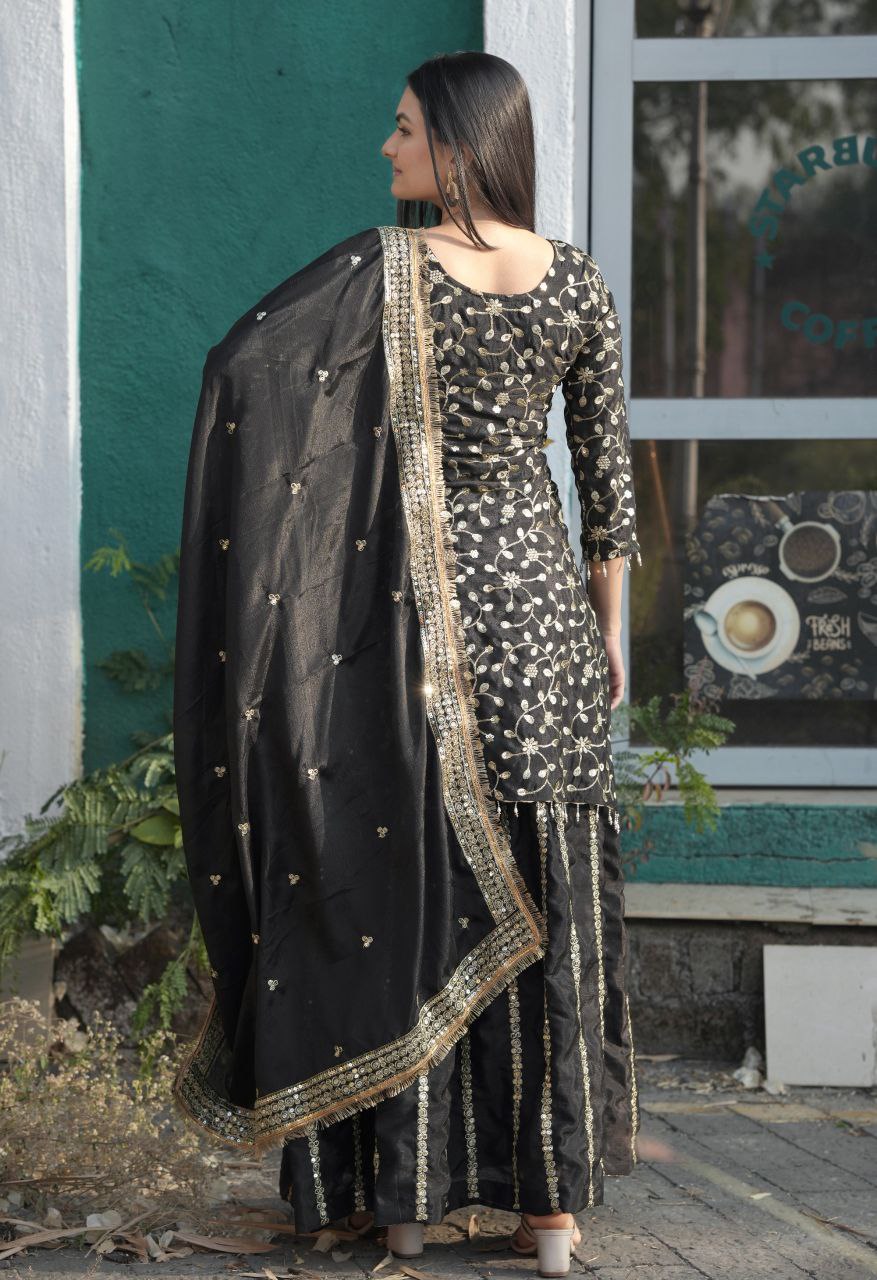 Teeya Creation Black Color Chinnon Silk Embroidery Work Fully Stitched Salwar Suit - Distacart