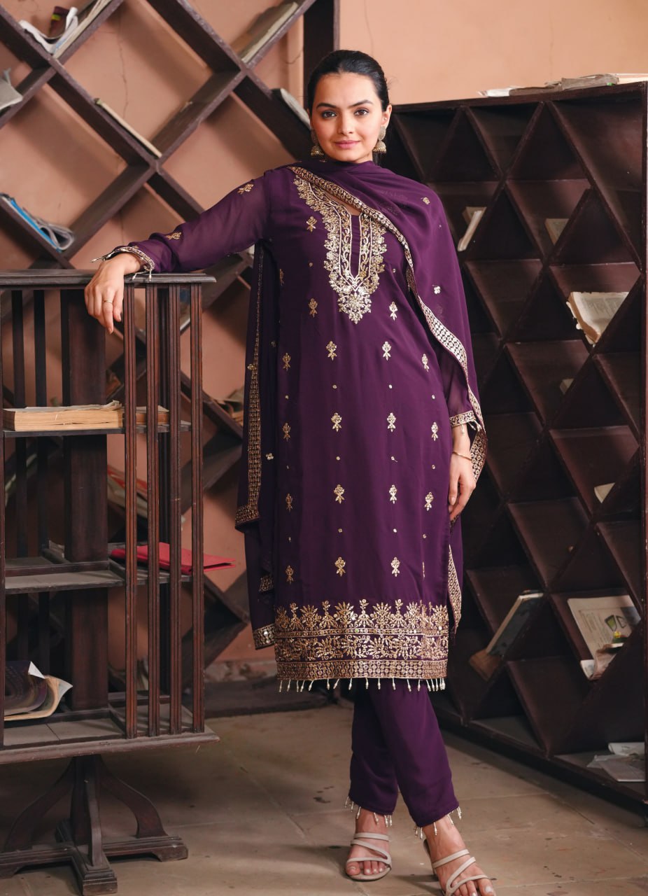 Prazu Fashion Dark Purple Georgette Sequence Embroidered Salwar Suit