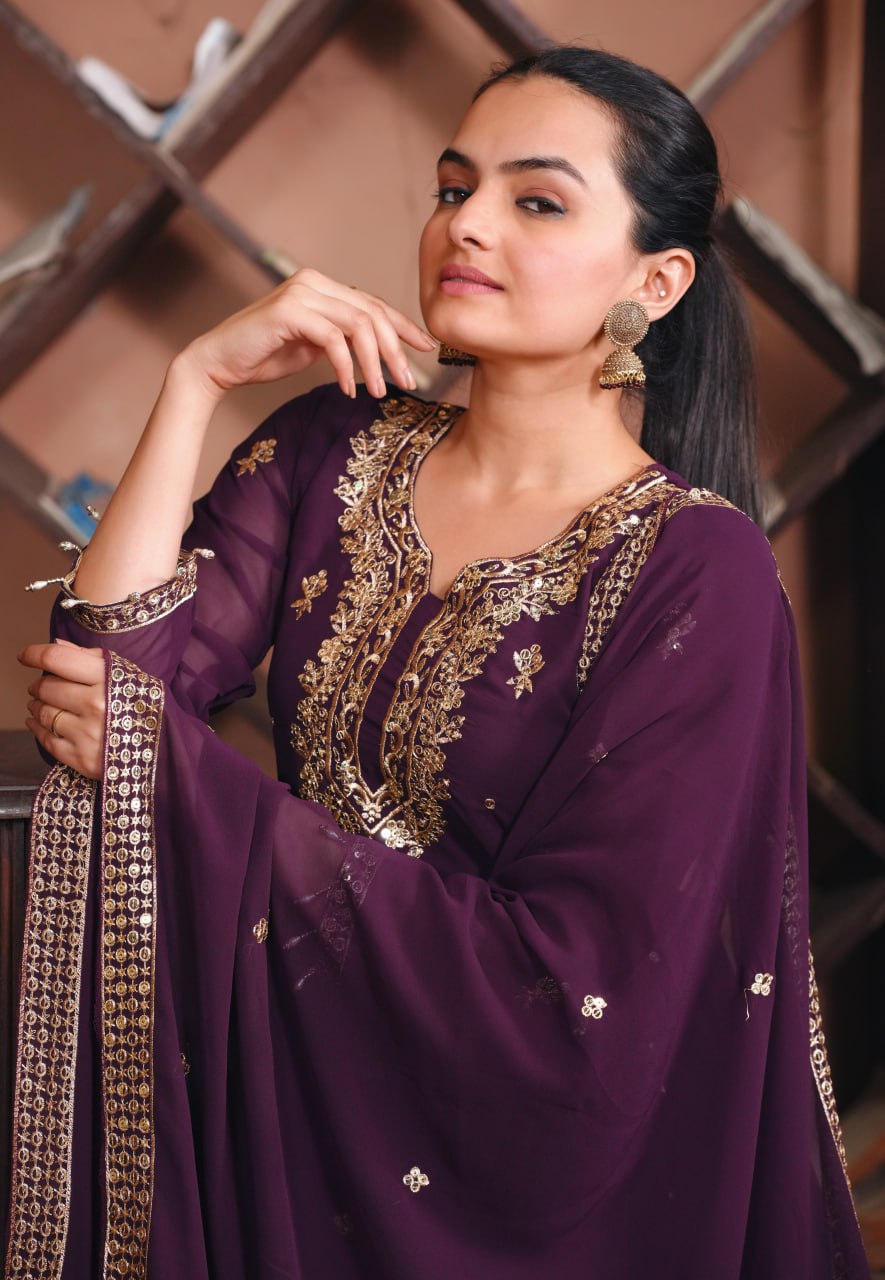Prazu Fashion Dark Purple Georgette Sequence Embroidered Salwar Suit
