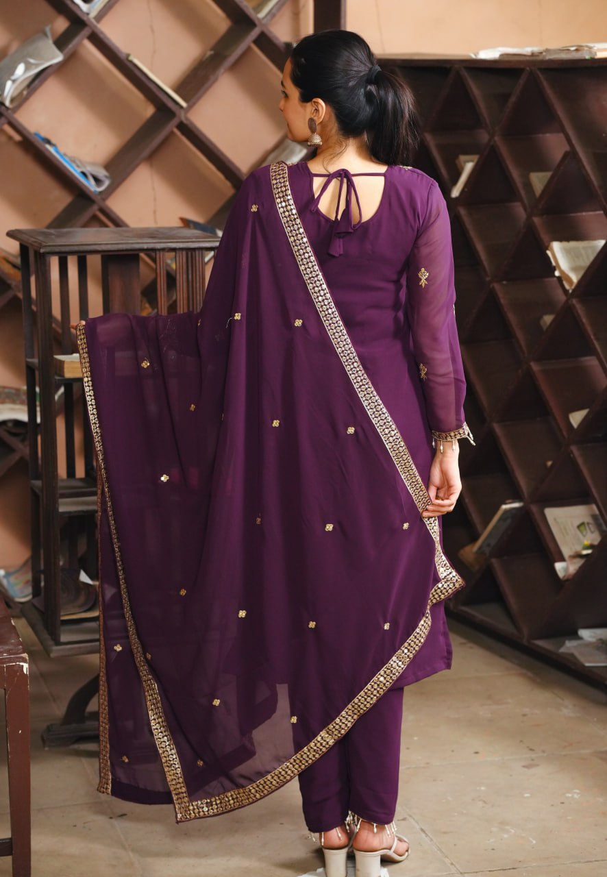 Prazu Fashion Dark Purple Georgette Sequence Embroidered Salwar Suit