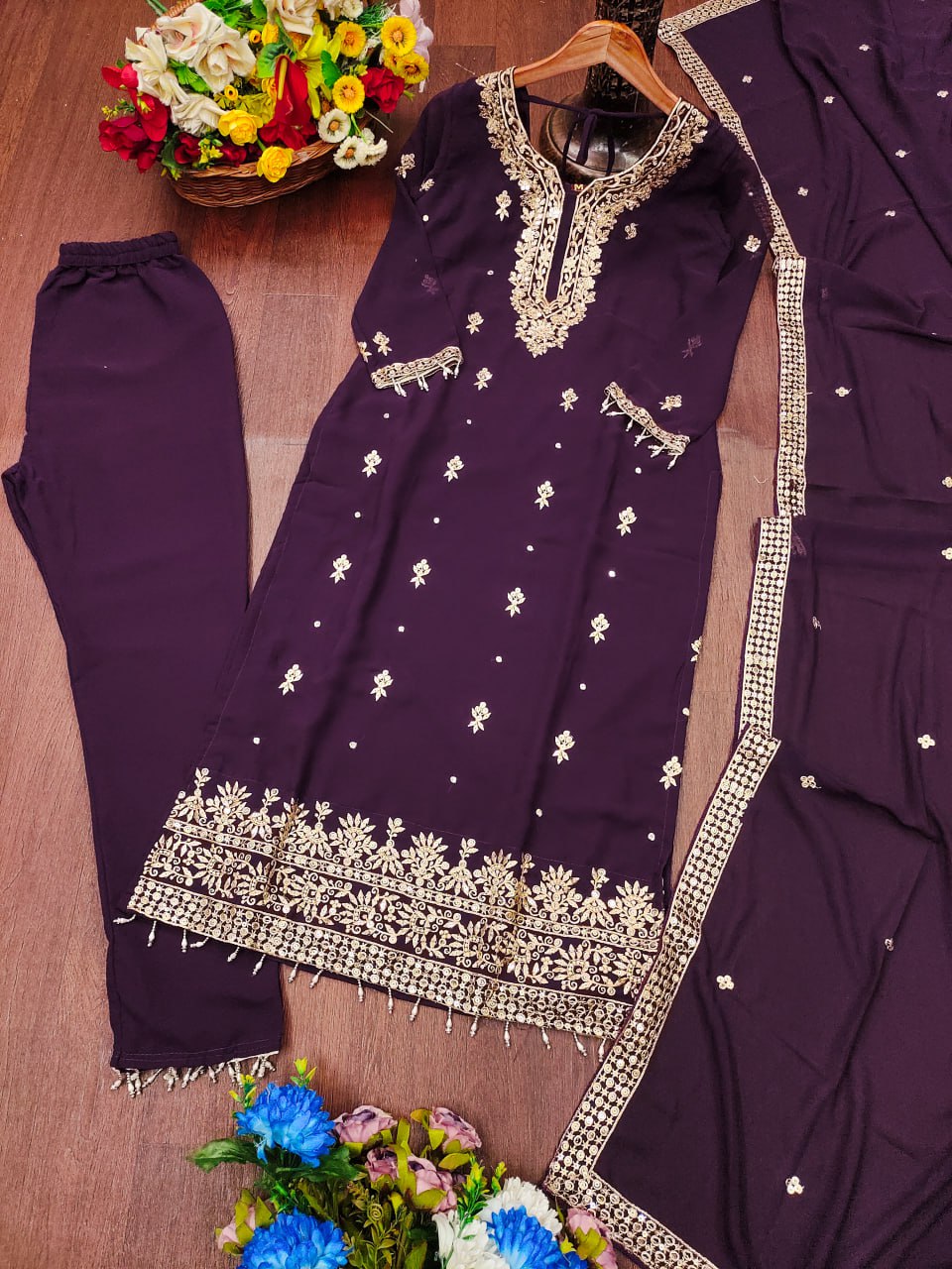 Prazu Fashion Dark Purple Georgette Sequence Embroidered Salwar Suit