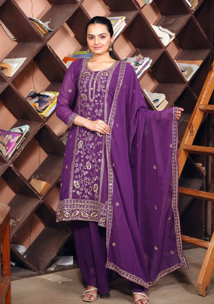 Prazu Fashion Purple Georgette Sequence Embroidered Sharara Suit