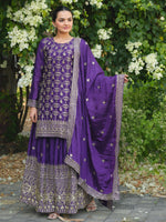 Thumbnail for Prazu Fashion Violet Chinon Silk Sequence Embroidered Sharara Suit