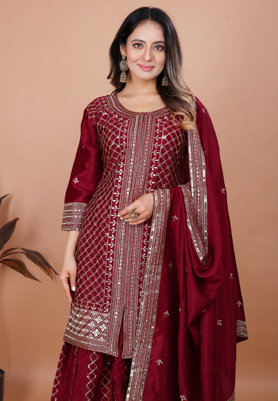 Prazu Fashion Maroon Chinon Silk Sequence Embroidered Sharara Suit