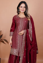 Thumbnail for Prazu Fashion Maroon Chinon Silk Sequence Embroidered Sharara Suit