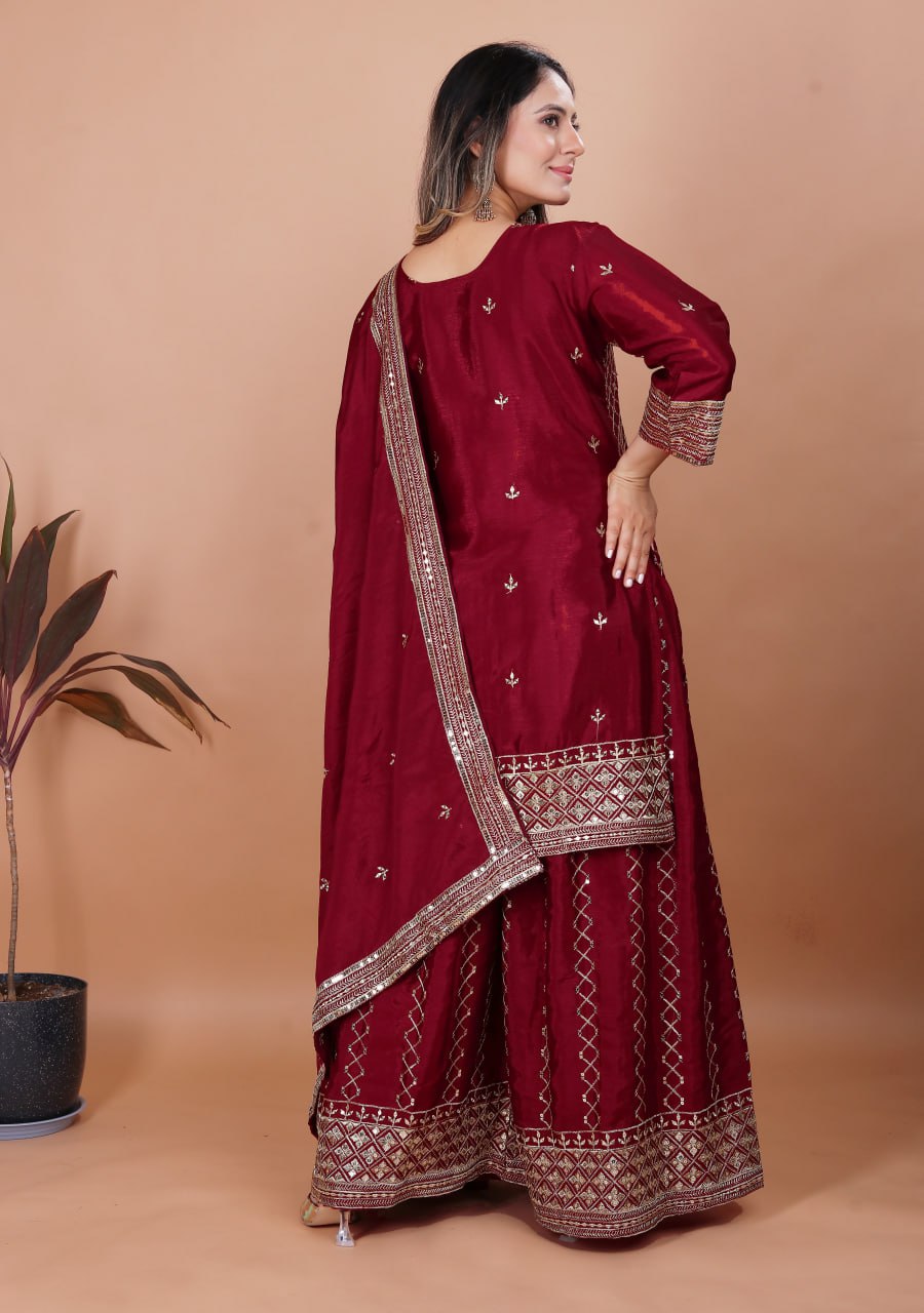 Prazu Fashion Maroon Chinon Silk Sequence Embroidered Sharara Suit