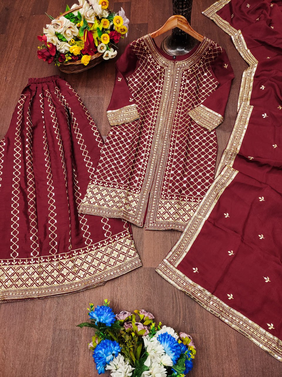 Prazu Fashion Maroon Chinon Silk Sequence Embroidered Sharara Suit