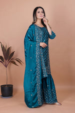Thumbnail for Prazu Fashion Aqua Blue Chinon Silk Sequence Embroidered Sharara Suit
