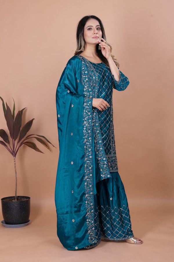 Prazu Fashion Aqua Blue Chinon Silk Sequence Embroidered Sharara Suit