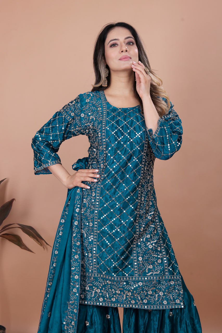 Prazu Fashion Aqua Blue Chinon Silk Sequence Embroidered Sharara Suit