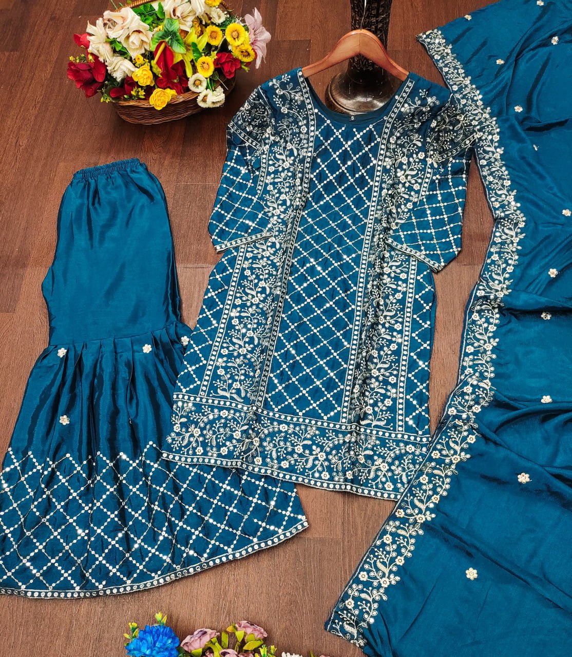 Prazu Fashion Aqua Blue Chinon Silk Sequence Embroidered Sharara Suit