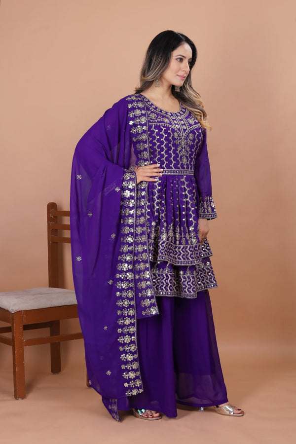 Prazu Fashion Violet Blue Georgette Sequence Embroidered Sharara Suit