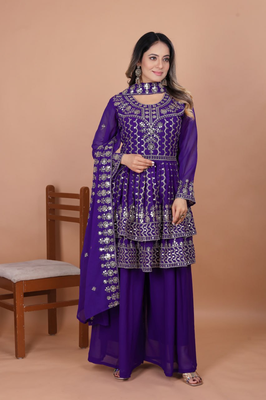 Prazu Fashion Violet Blue Georgette Sequence Embroidered Sharara Suit