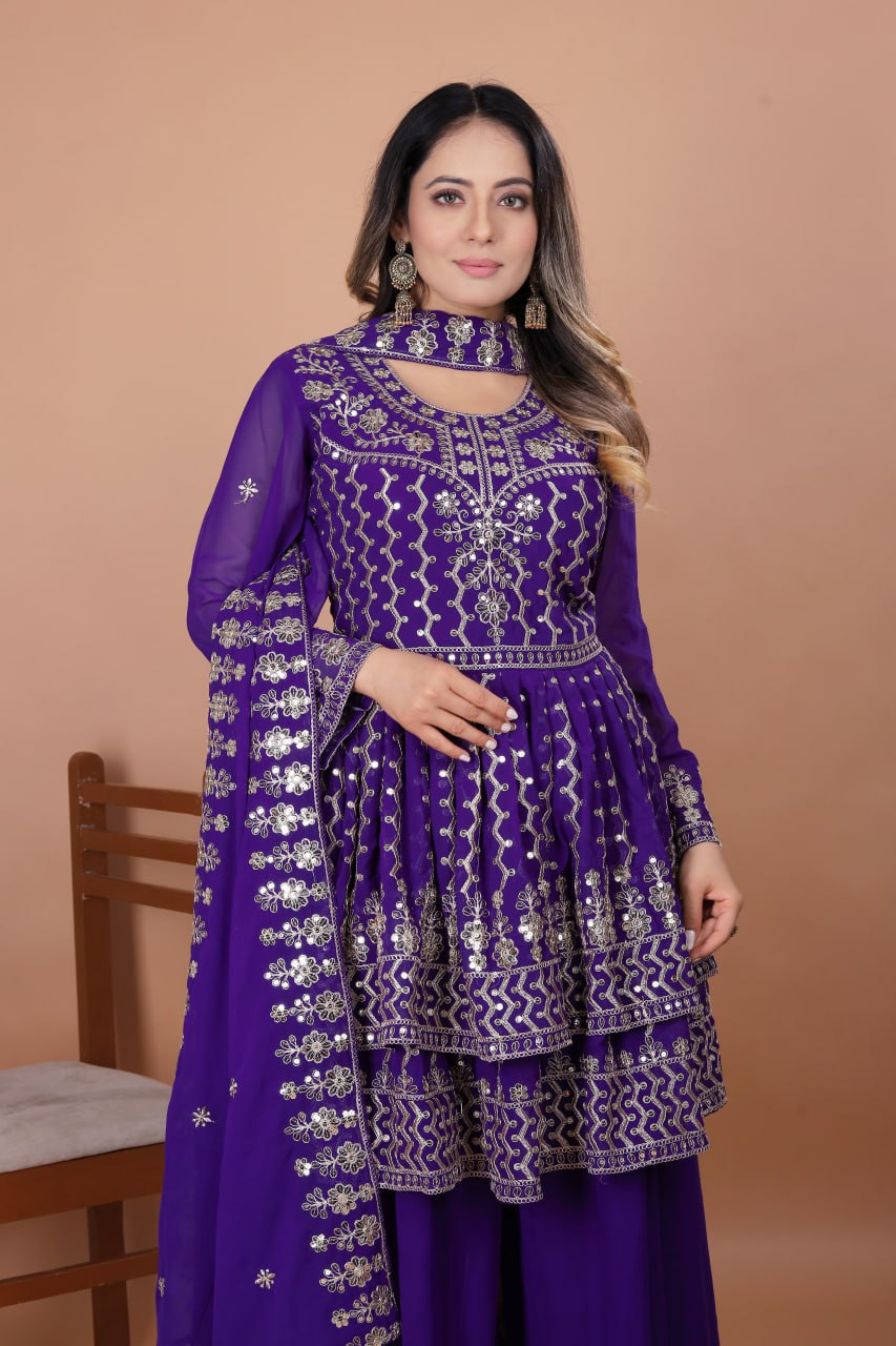 Prazu Fashion Violet Blue Georgette Sequence Embroidered Sharara Suit
