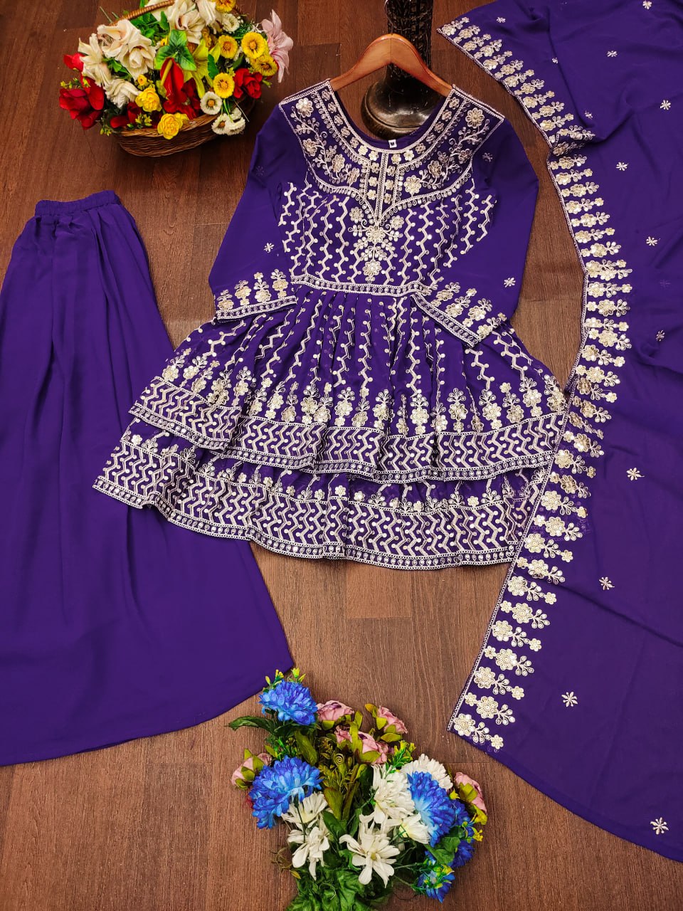 Prazu Fashion Violet Blue Georgette Sequence Embroidered Sharara Suit