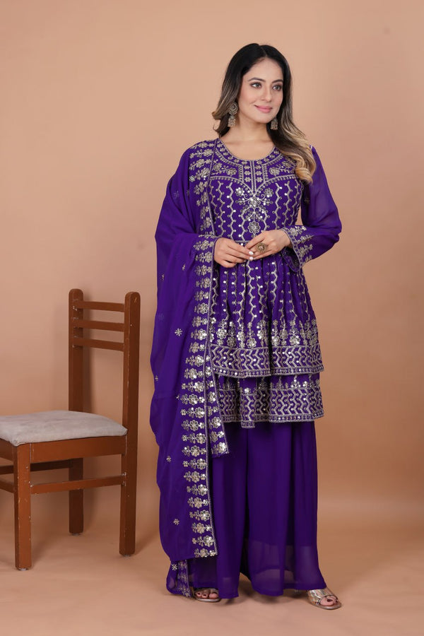 Prazu Fashion Violet Blue Georgette Sequence Embroidered Sharara Suit