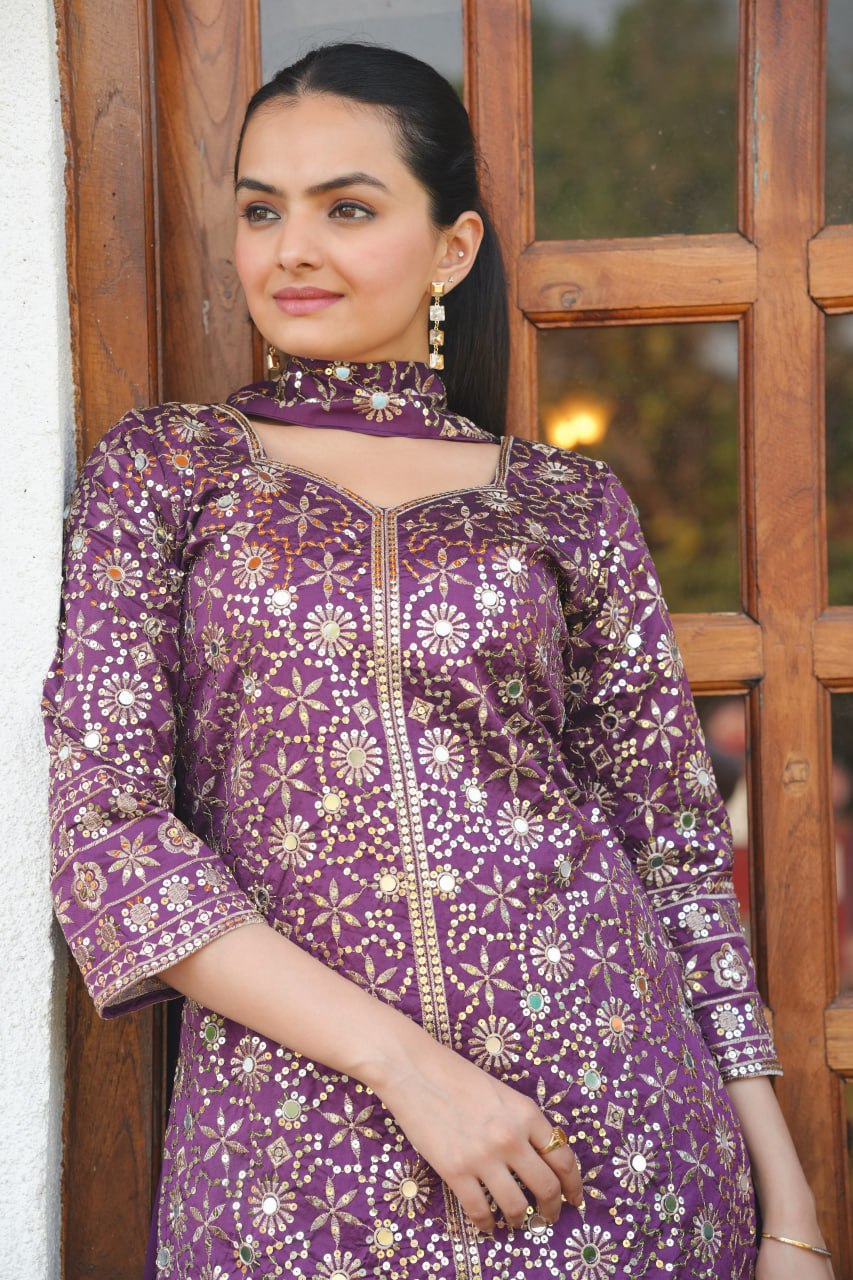 Prazu Fashion Purple Tapeta Silk With Fusing Embroidered Mirror Work Sharara Suit