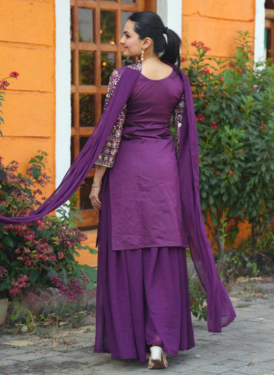 Prazu Fashion Purple Tapeta Silk With Fusing Embroidered Mirror Work Sharara Suit