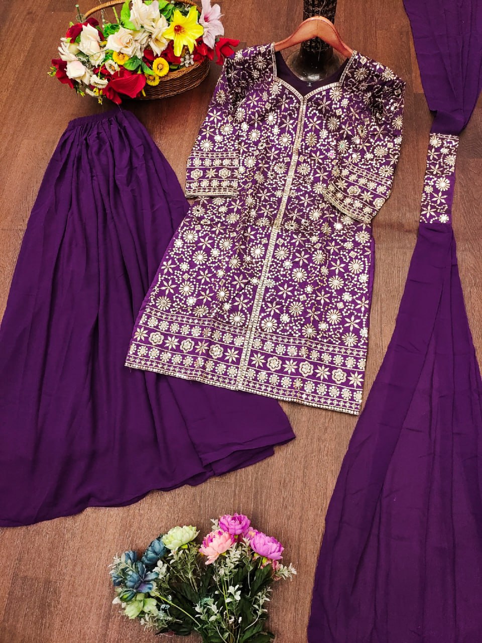Prazu Fashion Purple Tapeta Silk With Fusing Embroidered Mirror Work Sharara Suit