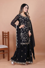 Thumbnail for Prazu Fashion Black Georgette Embroidered Sequence Sharara Suit