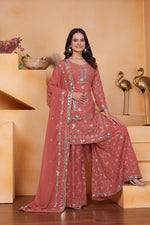 Thumbnail for Prazu Fashion Peach Georgette Sequin Embroidered Sharara Suit