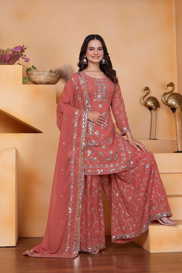 Prazu Fashion Peach Georgette Sequin Embroidered Sharara Suit