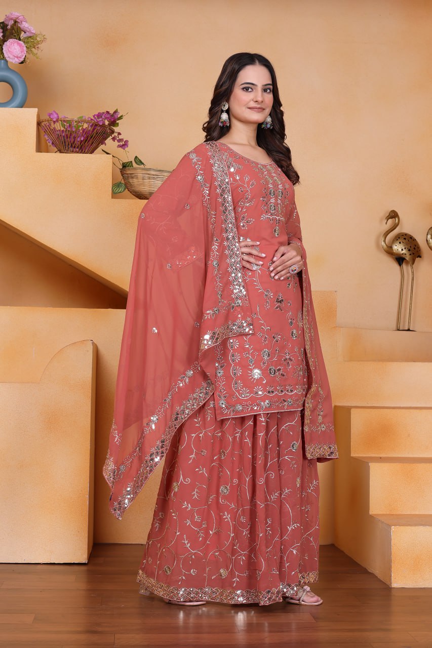 Prazu Fashion Peach Georgette Sequin Embroidered Sharara Suit