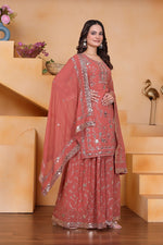 Thumbnail for Prazu Fashion Peach Georgette Sequin Embroidered Sharara Suit