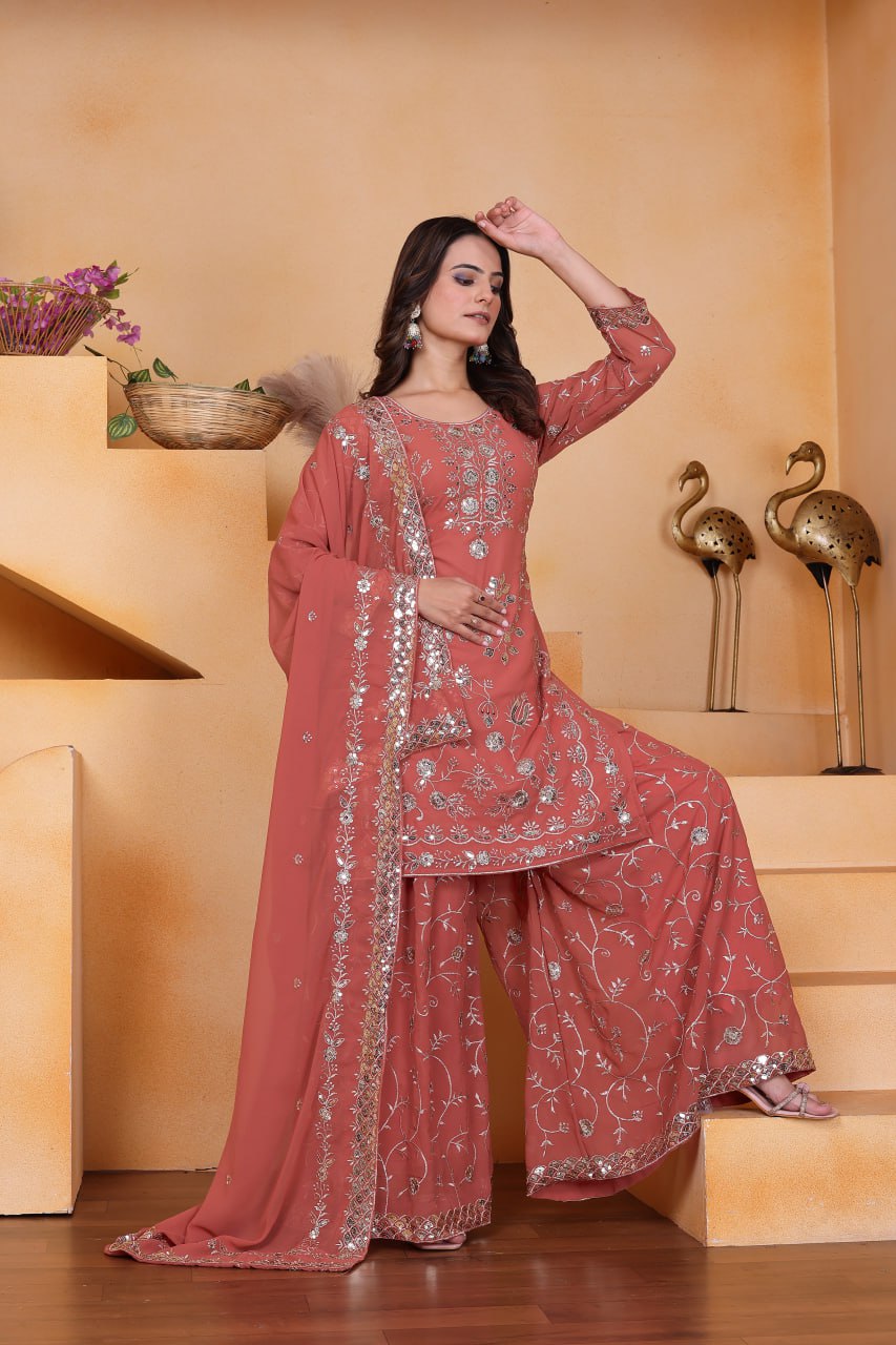 Prazu Fashion Peach Georgette Sequin Embroidered Sharara Suit