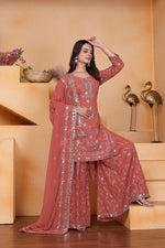 Thumbnail for Prazu Fashion Peach Georgette Sequin Embroidered Sharara Suit