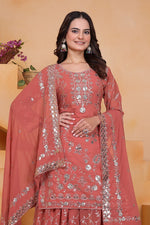 Thumbnail for Prazu Fashion Peach Georgette Sequin Embroidered Sharara Suit