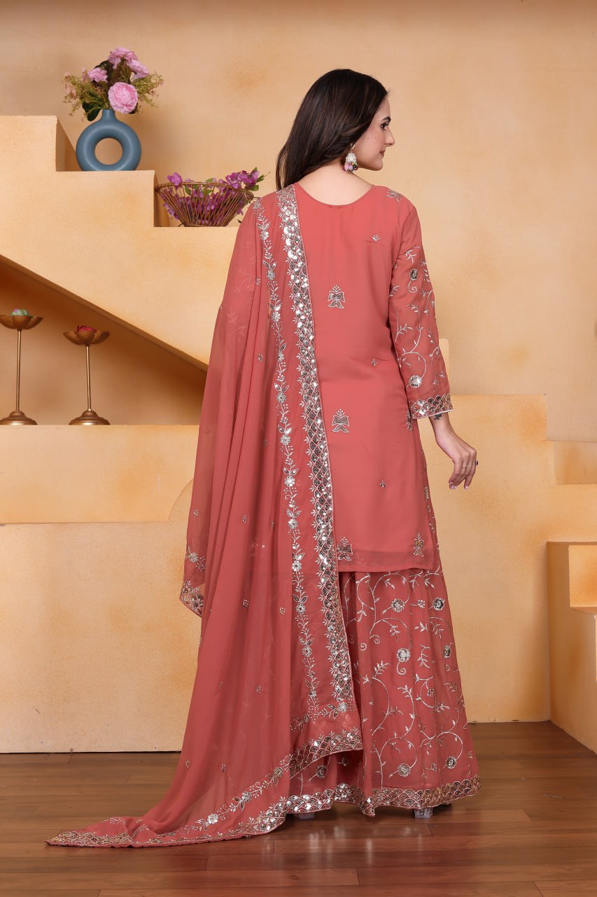 Prazu Fashion Peach Georgette Sequin Embroidered Sharara Suit