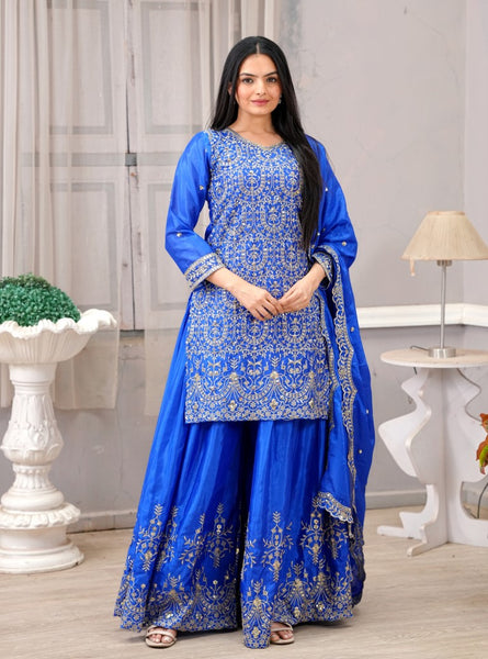 Lehenga Mart Designer Chinon Sharara Suit With Sequence Embroidered Work - Blue
