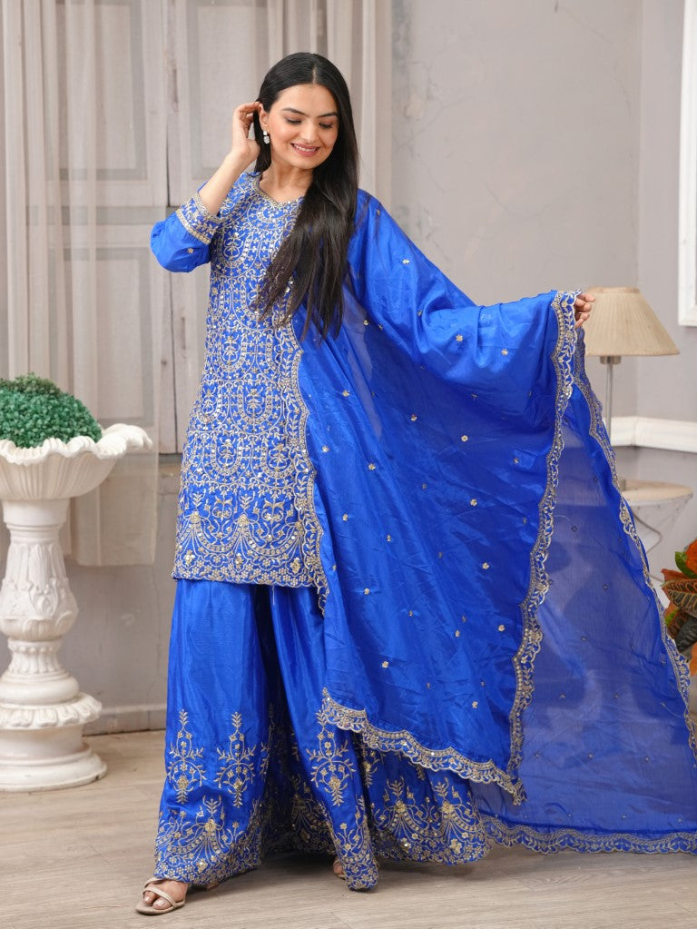Lehenga Mart Designer Chinon Sharara Suit With Sequence Embroidered Work - Blue