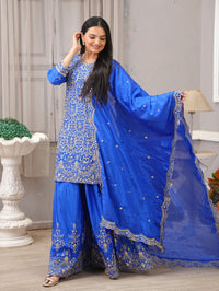 Thumbnail for Lehenga Mart Designer Chinon Sharara Suit With Sequence Embroidered Work - Blue