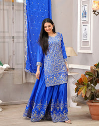 Thumbnail for Lehenga Mart Designer Chinon Sharara Suit With Sequence Embroidered Work - Blue