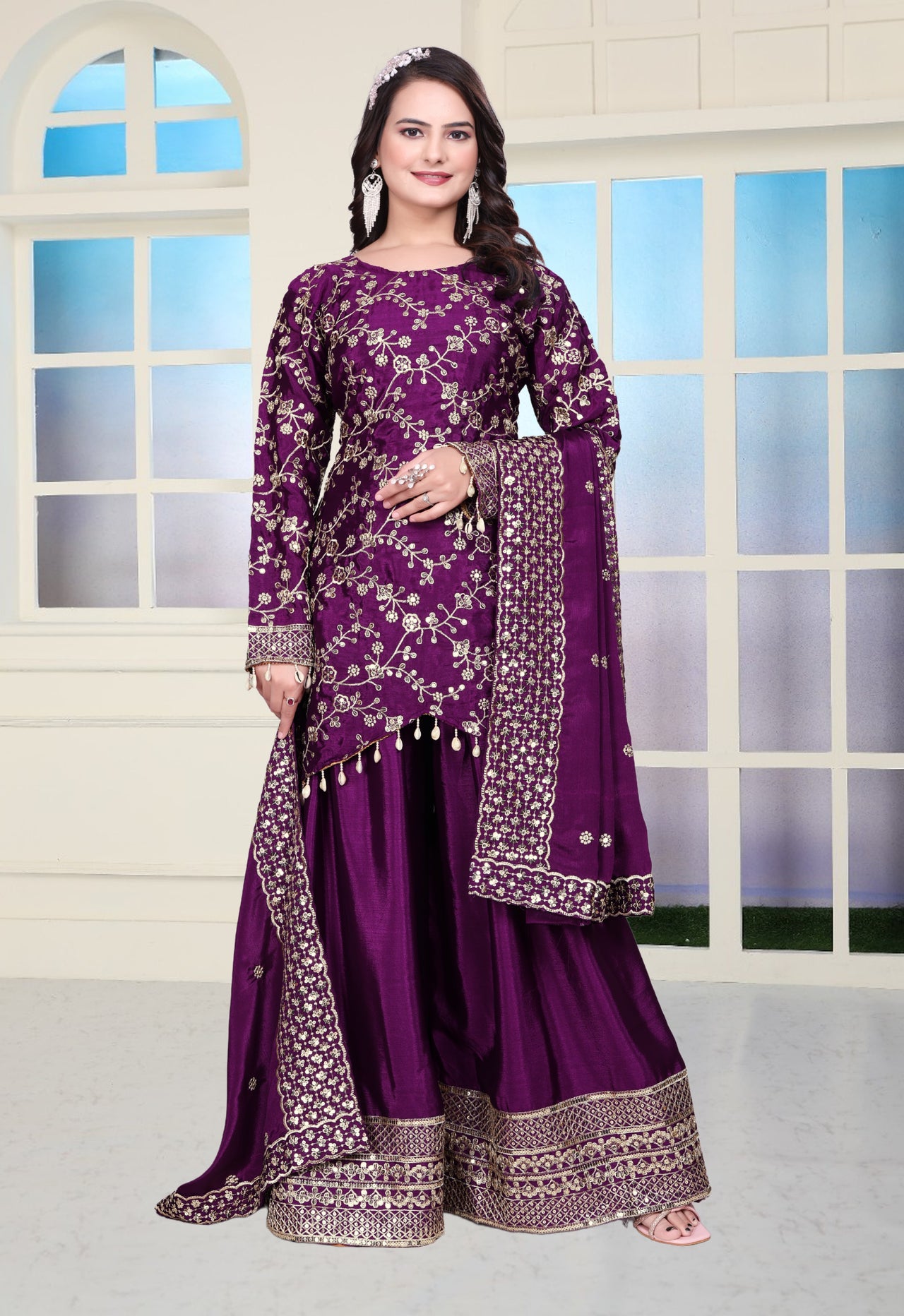Lehenga Mart Designer Chinon Sharara Suit With Sequence Embroidered Work - Purple