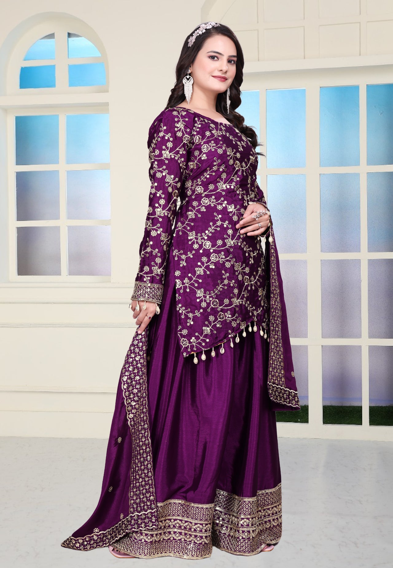 Lehenga Mart Designer Chinon Sharara Suit With Sequence Embroidered Work - Purple