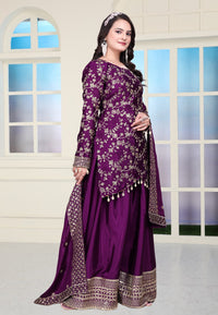 Thumbnail for Lehenga Mart Designer Chinon Sharara Suit With Sequence Embroidered Work - Purple