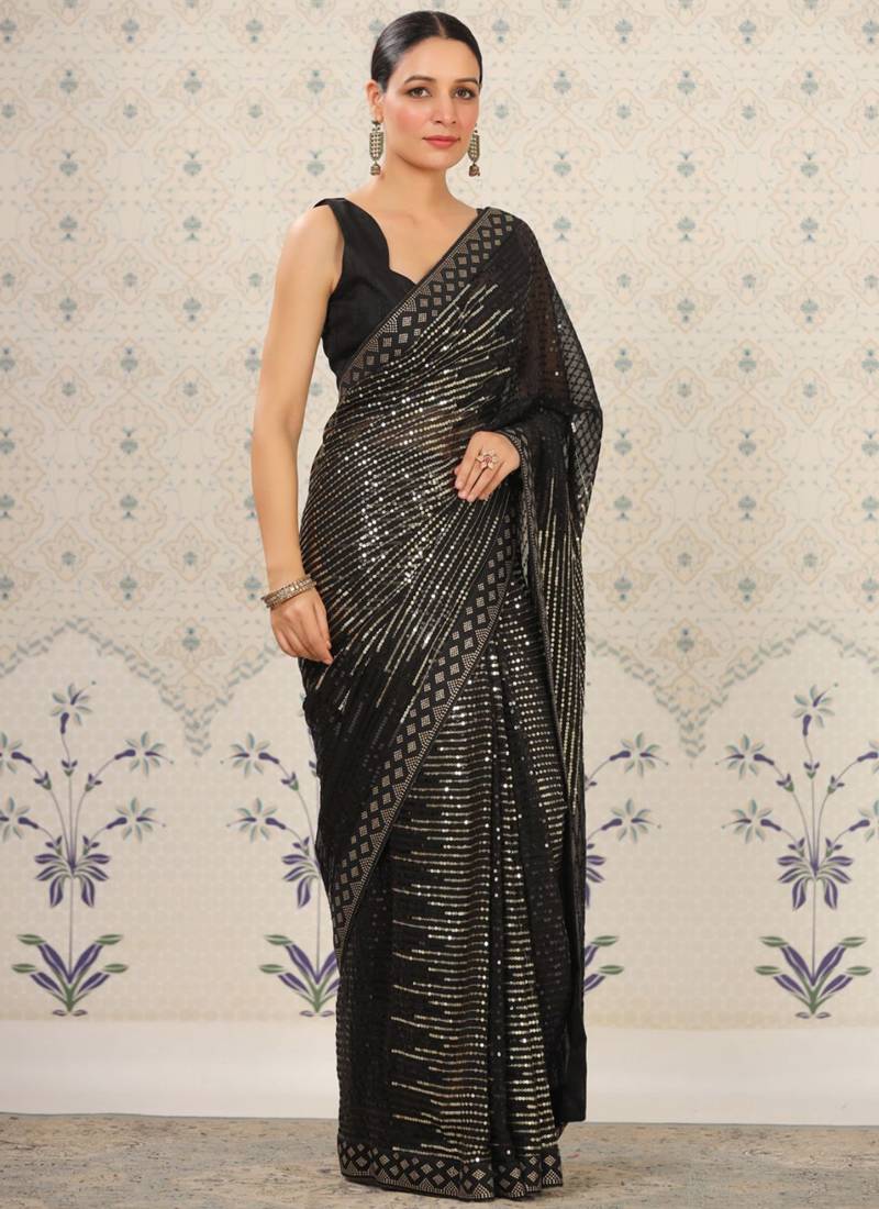 Vegaa Fashion Black Heavy Georgette Sequence Embroidery Saree