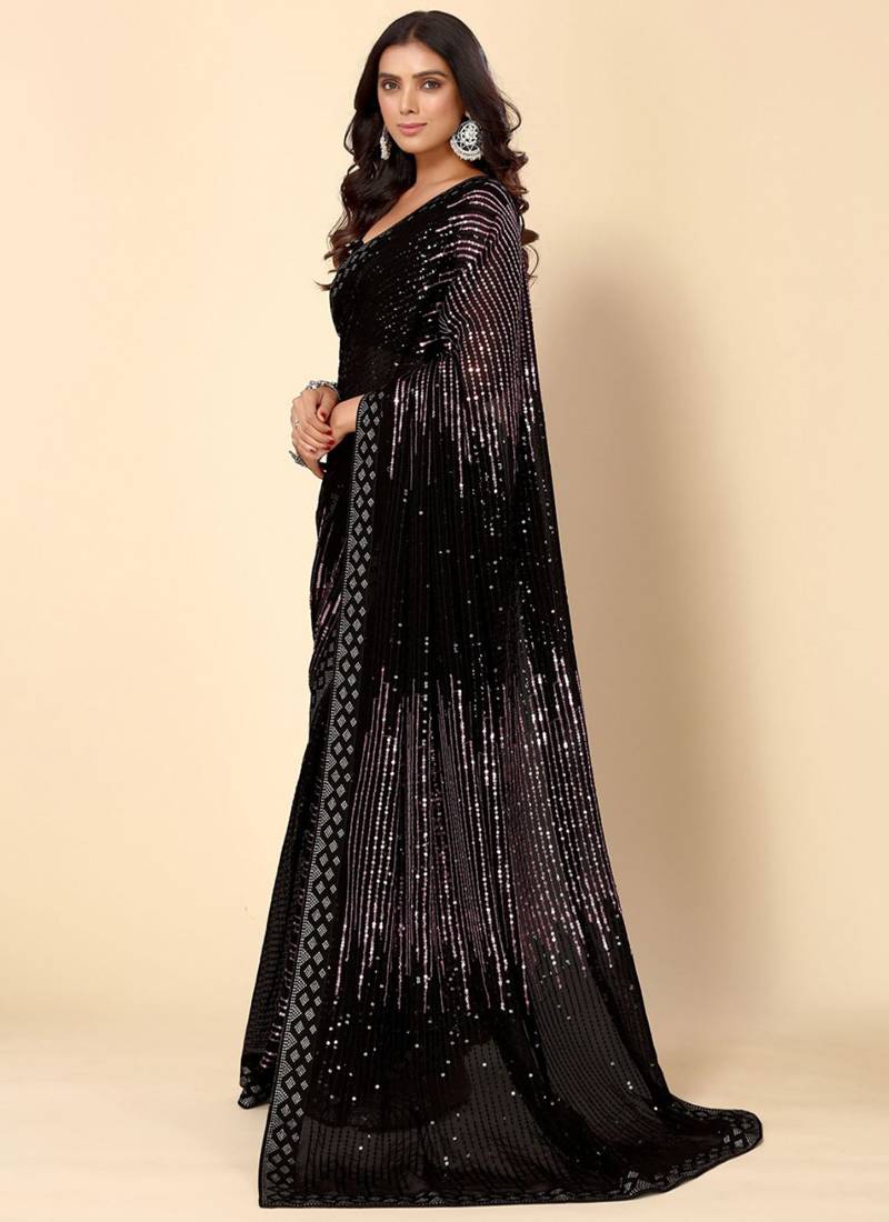 Vegaa Fashion Onion Pink Heavy Georgette Sequence Embroidery Saree