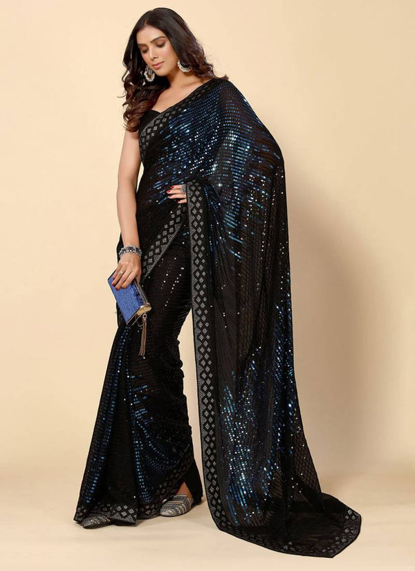 Vegaa Fashion Royal Blue Heavy Georgette Sequence Embroidery Saree