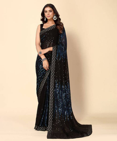 Vegaa Fashion Royal Blue Heavy Georgette Sequence Embroidery Saree
