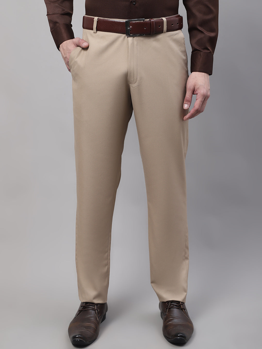 Jainish Men's Beige Tapered Fit Formal Trousers - Distacart