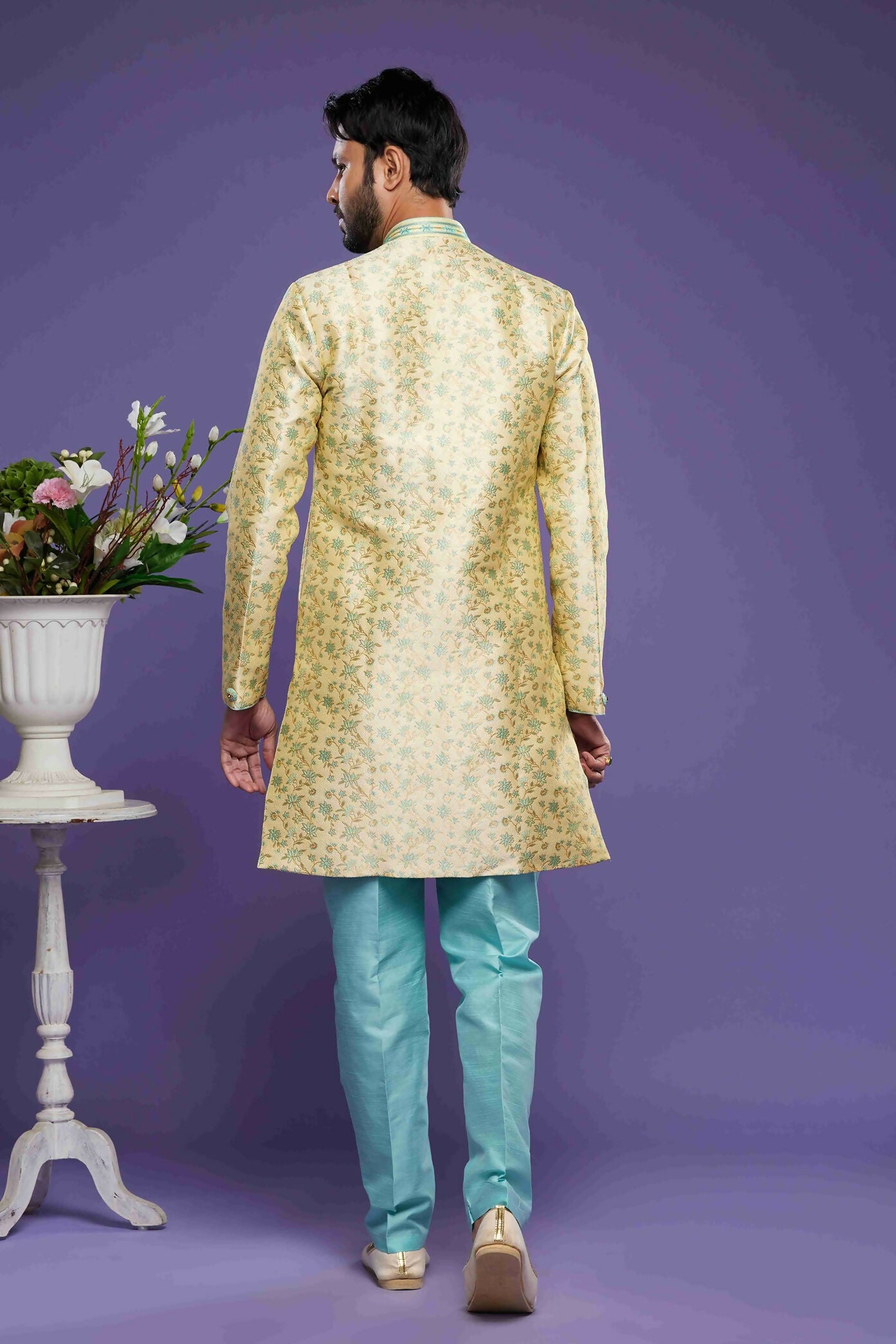 Raivat Ethnic Banarasi Jacquard Embroidery Semi Indo Western Sherwani In Gold Colour